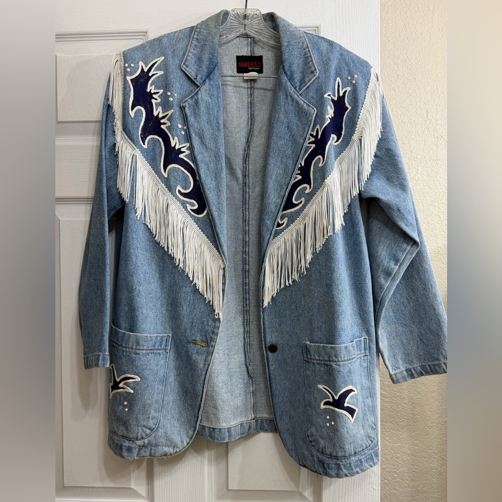 Boho Vintage Sunbelt Blue Denim Jacket with White Fringe and Navy Embroidery